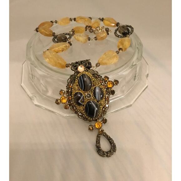 Vintage Marian Raser Banded Agate/Citrine Etruscan Revival Pendant Necklace - Picture 3 of 8